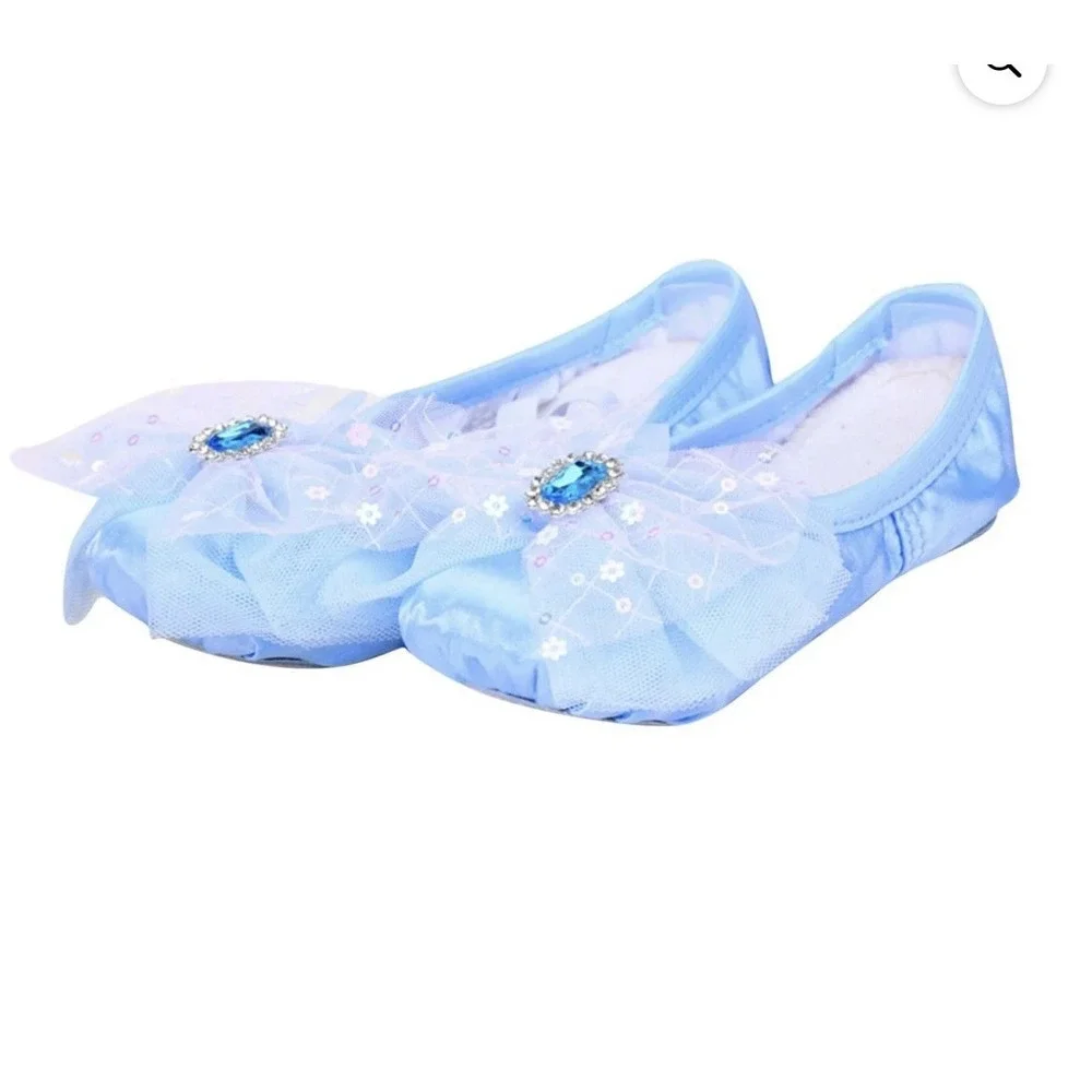 Girls Size 34 9-10 Years Ballet Dance Slippers Split Soft Canvas Sole Bow Blue